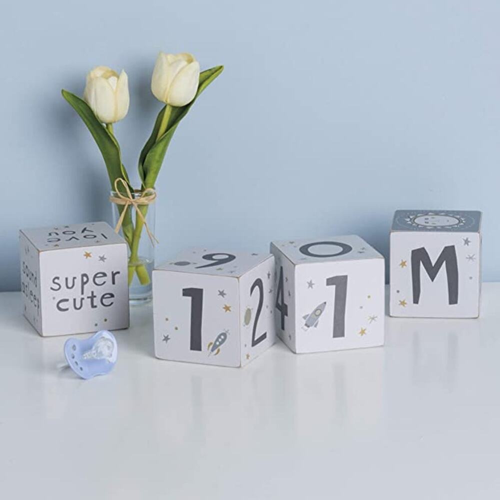 Primitives by Kathy Baby Boy Milestone Blocks Galaxy Blue and Gray Set of 4 NEW